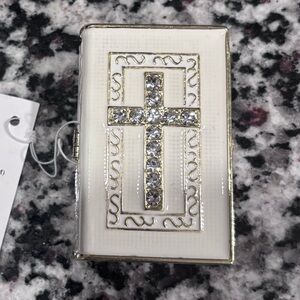 Holy Bible White Jeweled Cross Keepsake Box with Angel Charm